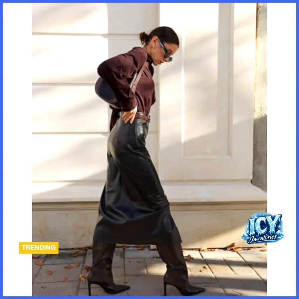 Faux Leather Pencil Skirt High Waist Split Maxi Slim Fit Midi Length